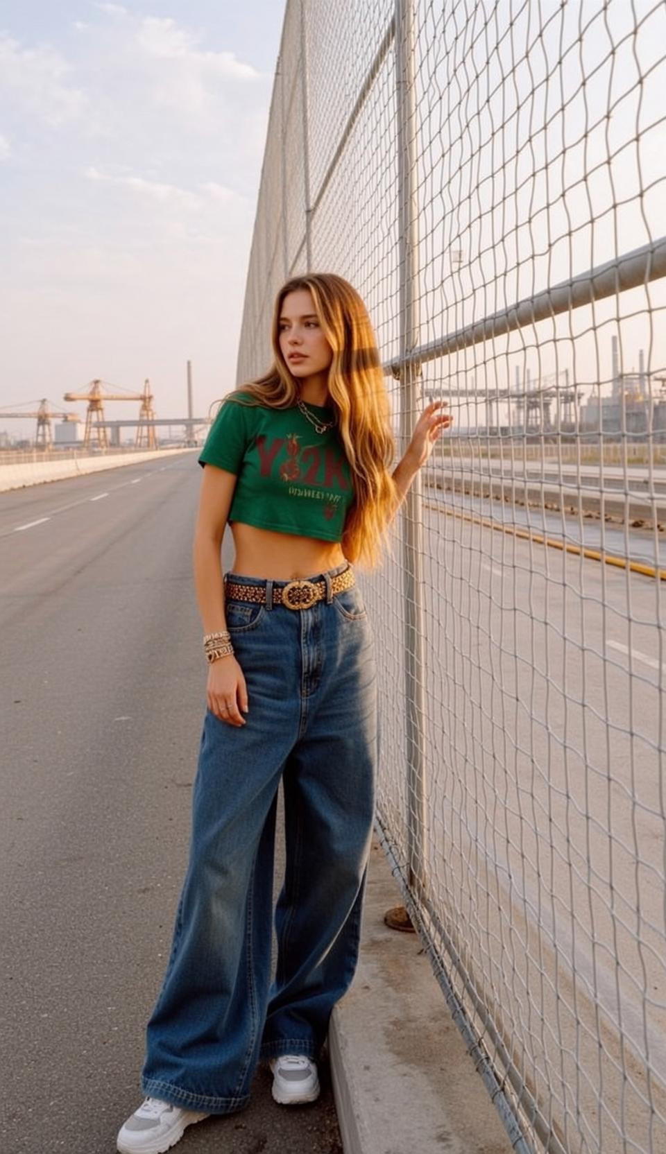 Green Crop Top Blue Jeans Industrial Area