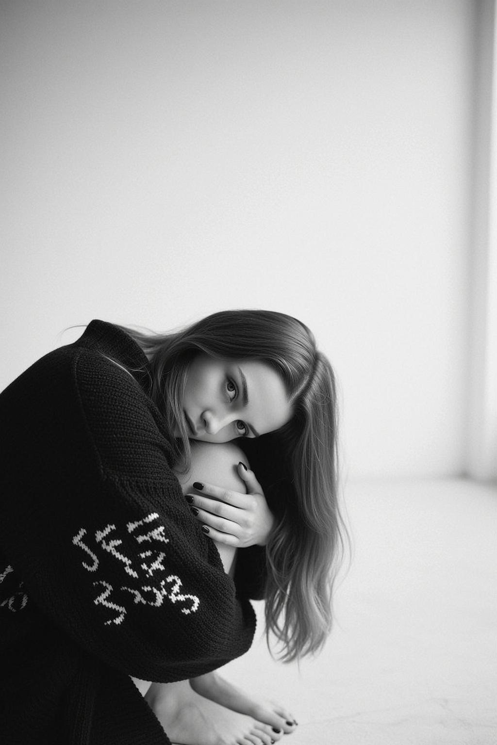 Photorealistic Black And White Portrait Young Woman With Long Straight