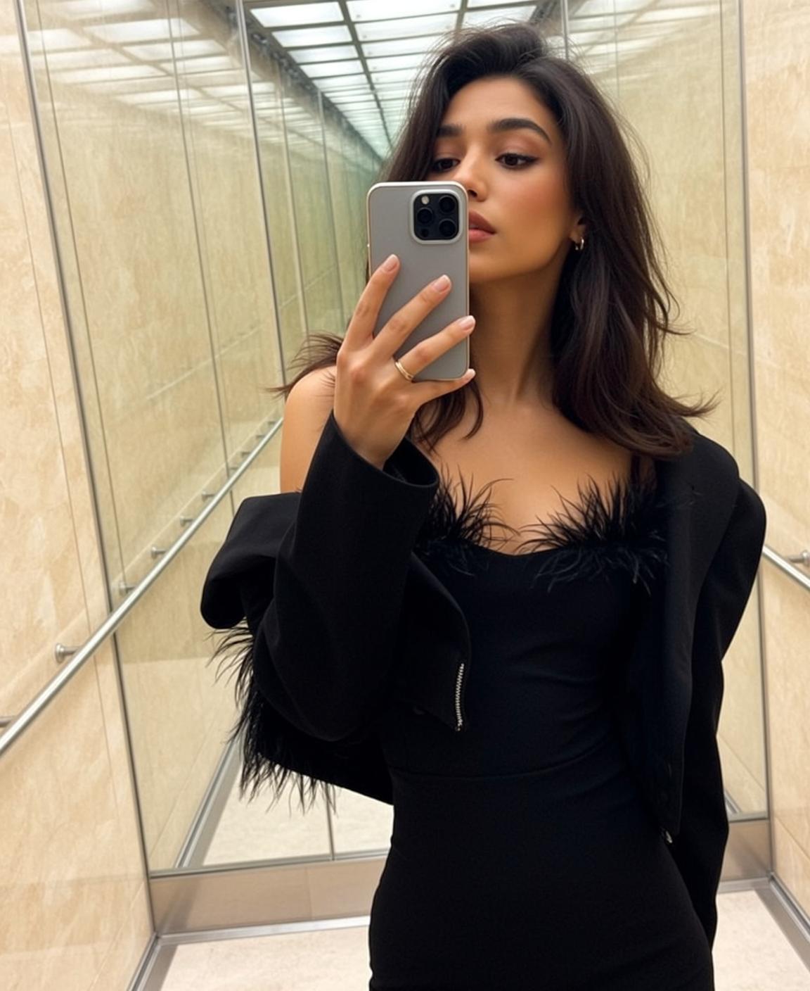 Feather Trim Dress Elevator Selfie