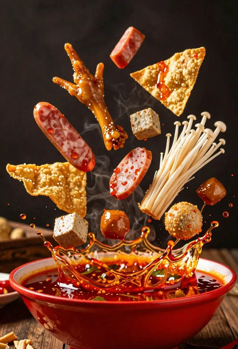 Vibrant Explosion Spicy Hot Pot Ingredients Erupting From Red Bowl