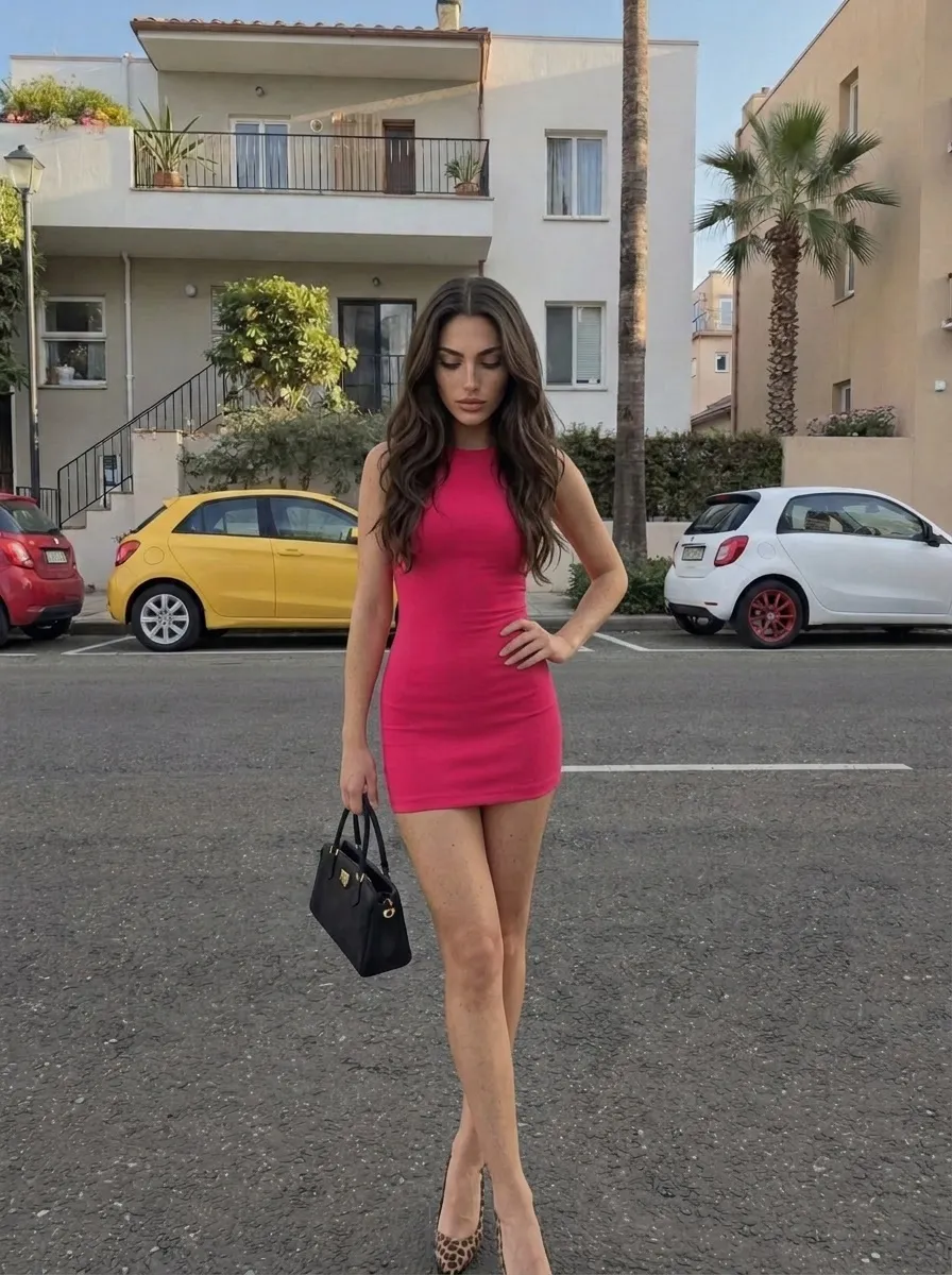 Pink Dress Parking Lot Leopard Heels