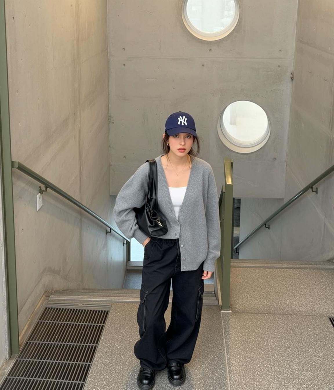 Cardigan Cargo Pants Stairwell Look