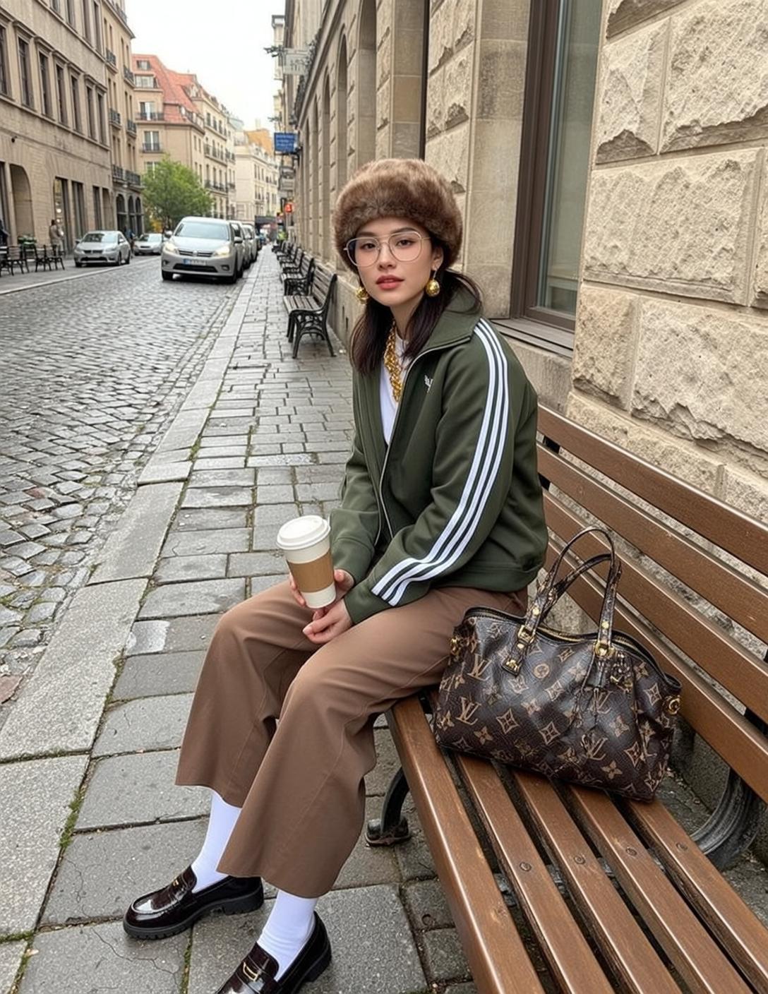 White Jacket and Brown Wide Leg Pants on Cobblestone Street