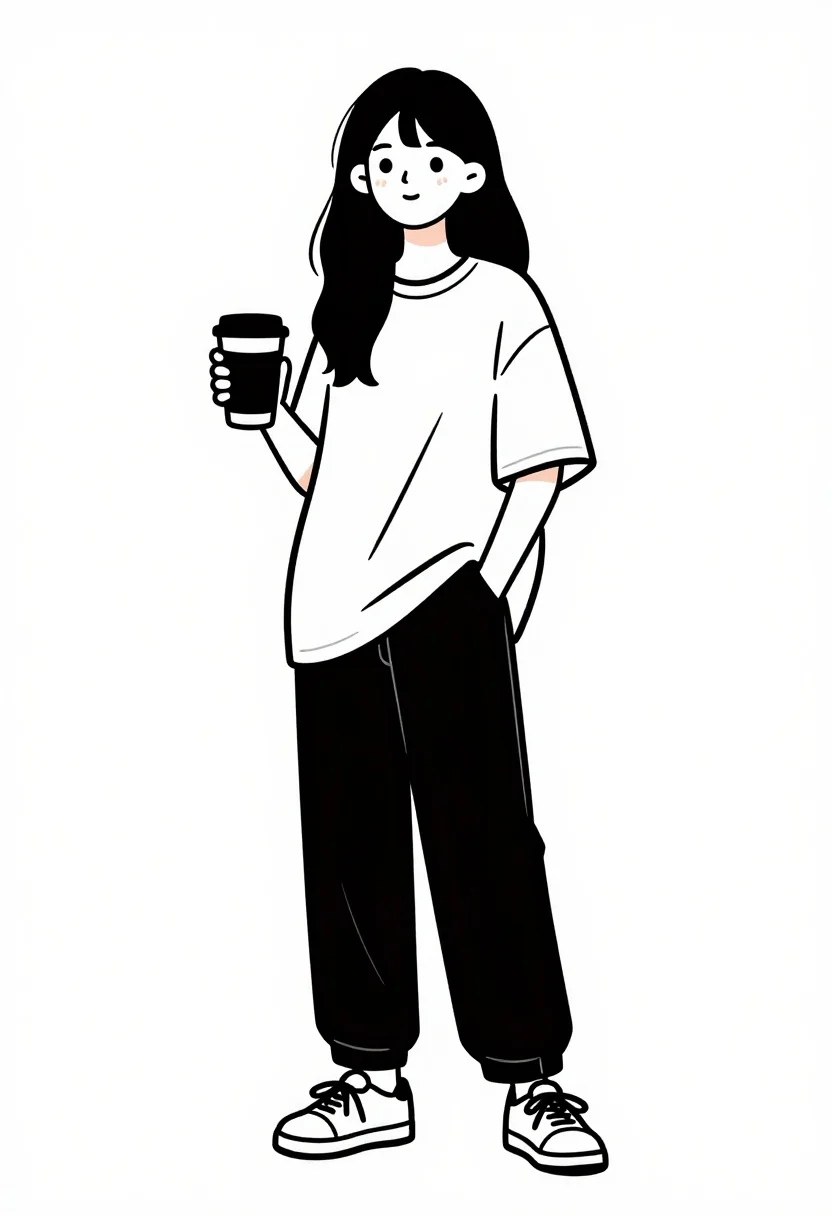 Line Art Illustration Young Woman Standing Casual Pose With Neutral reference photo