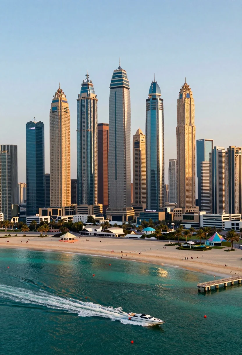 Sweeping Aerial View Futuristic Coastal Metropolis Where Towering Skyscrapers Rise