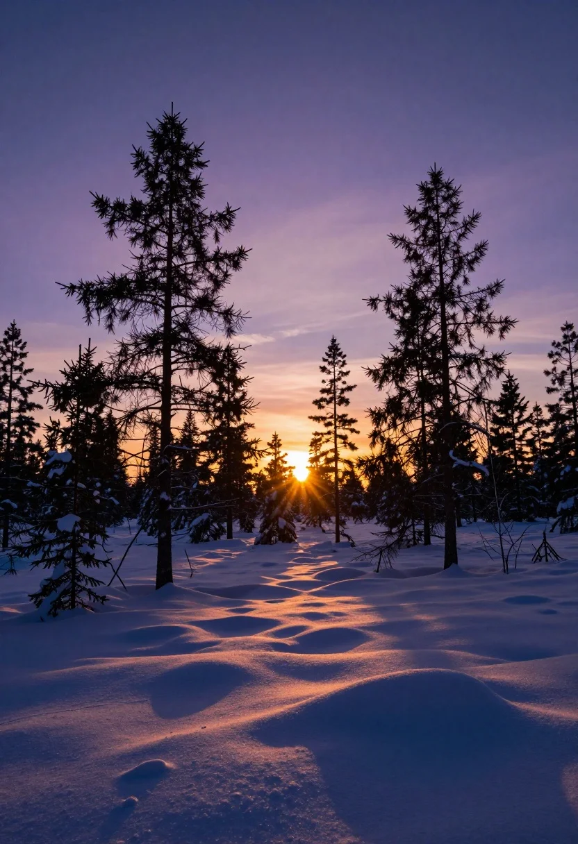 Serene Winter Landscape Sunset Featuring Snow-covered Forest With Sparse Evergreen
