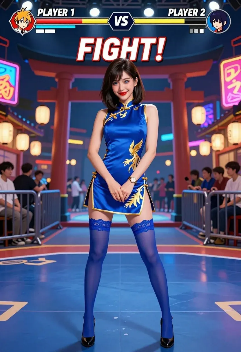 Confident Woman Stands The Center Vibrant Fighting Game Arena Smiling