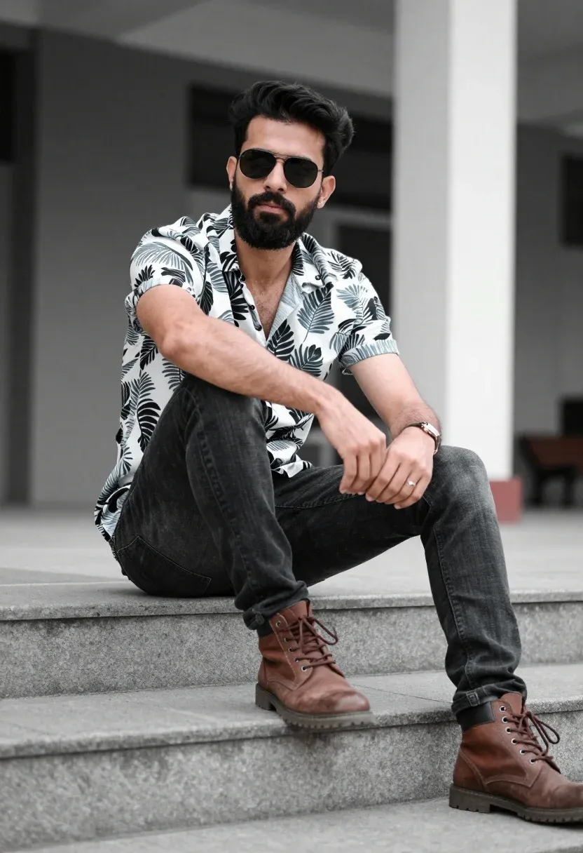 Man Sits Casually Concrete Steps Urban Setting Subject Man With