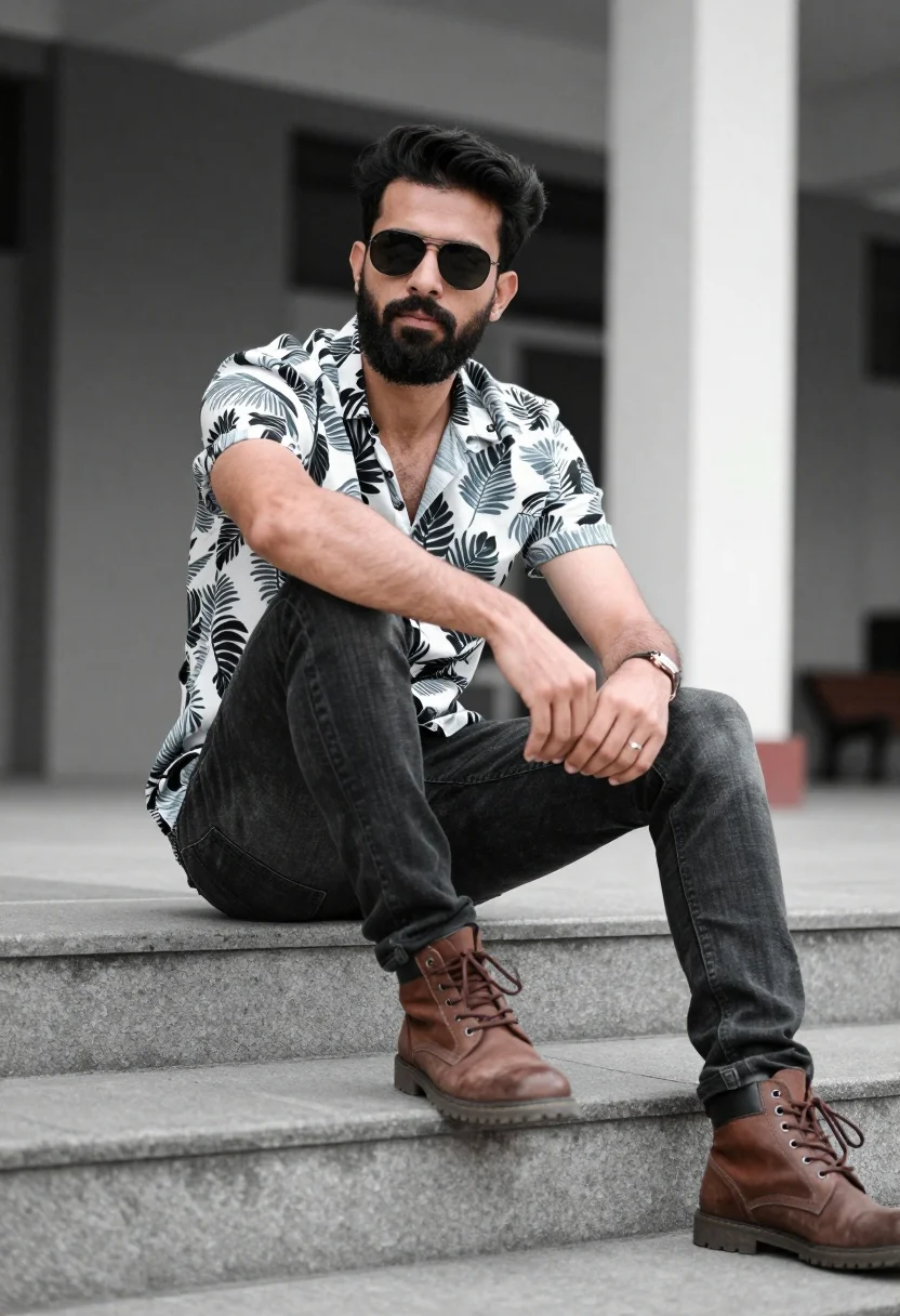 A man sitting casually on concrete steps in an urban setting, bathed in natural daylight, with a blurred background.