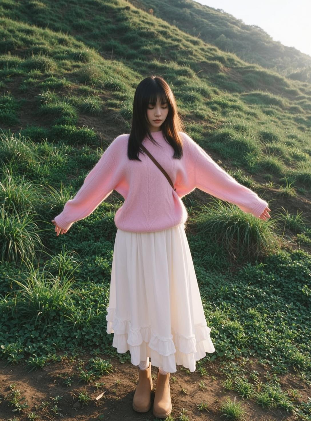 Balletcore Young Stands Outdoors Grassy Hillside Her