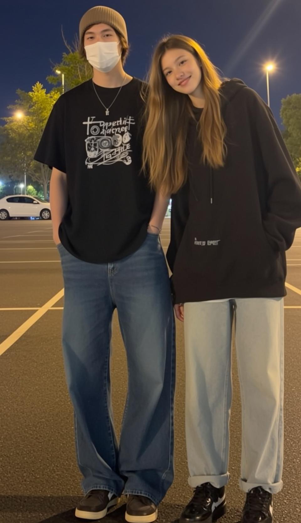 Young Couple Night Parking Lot Street Lights Candid