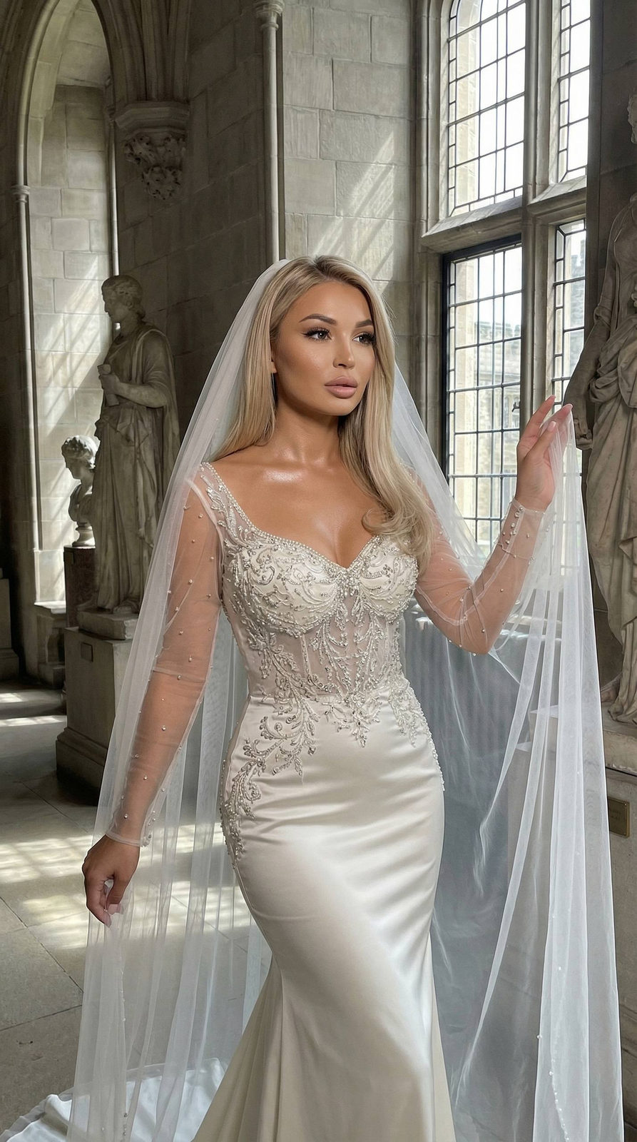 Realistic bride standing elegantly in a majestic stone castle hall, wearing a fitted ivory satin mermaid gown adorned with intricate beadwork.