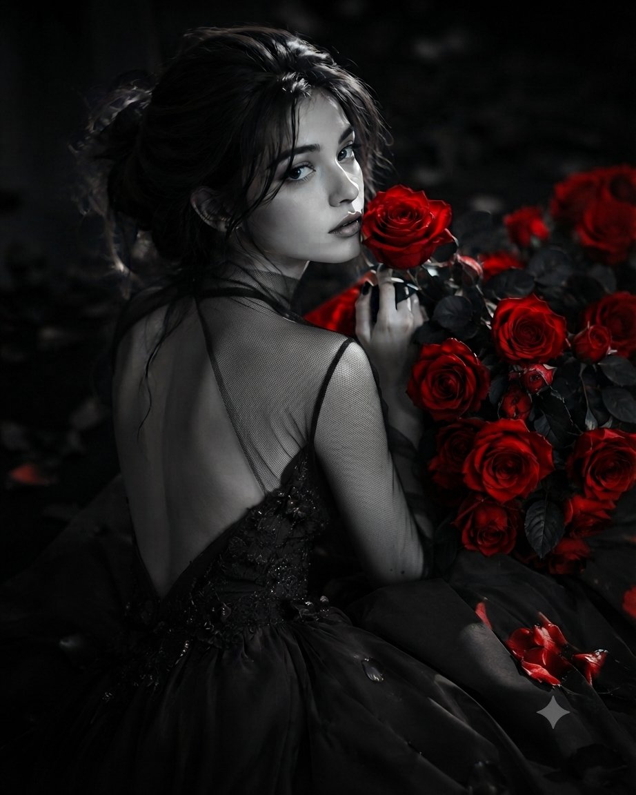 A high-fashion portrait featuring a woman in a black gown with a sheer mesh back, holding a vibrant red rose.
