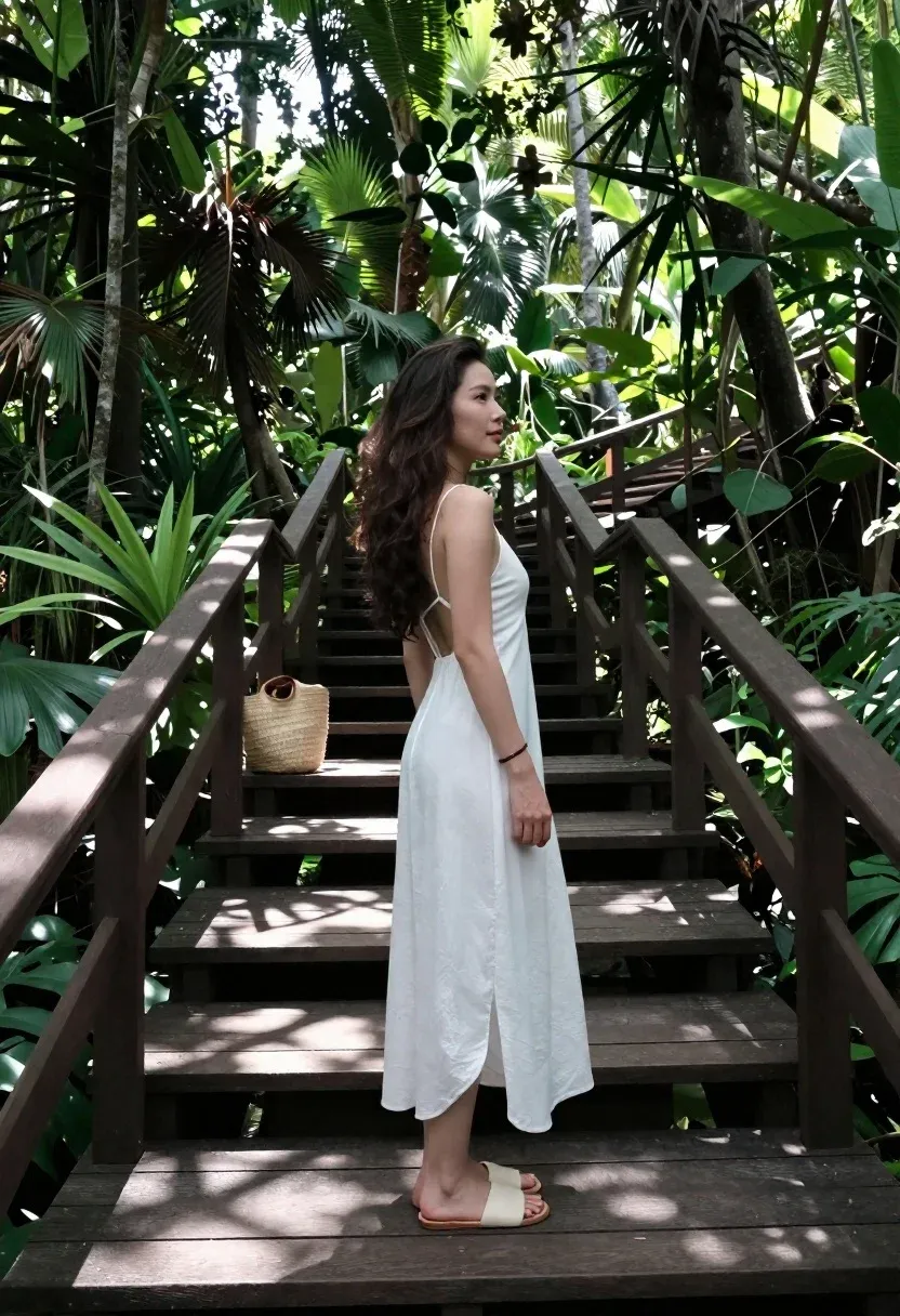 Woman Stands Wooden Boardwalk Staircase Surrounded Lush Green Jungle Foliage