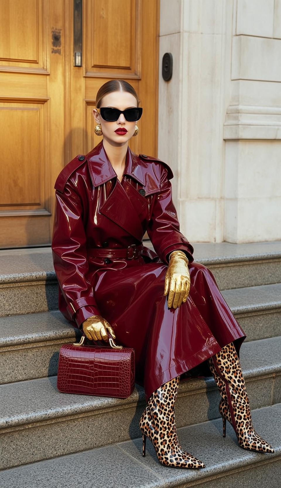 Burgundy Vinyl Trench Coat Gold Gloves Leopard Boots