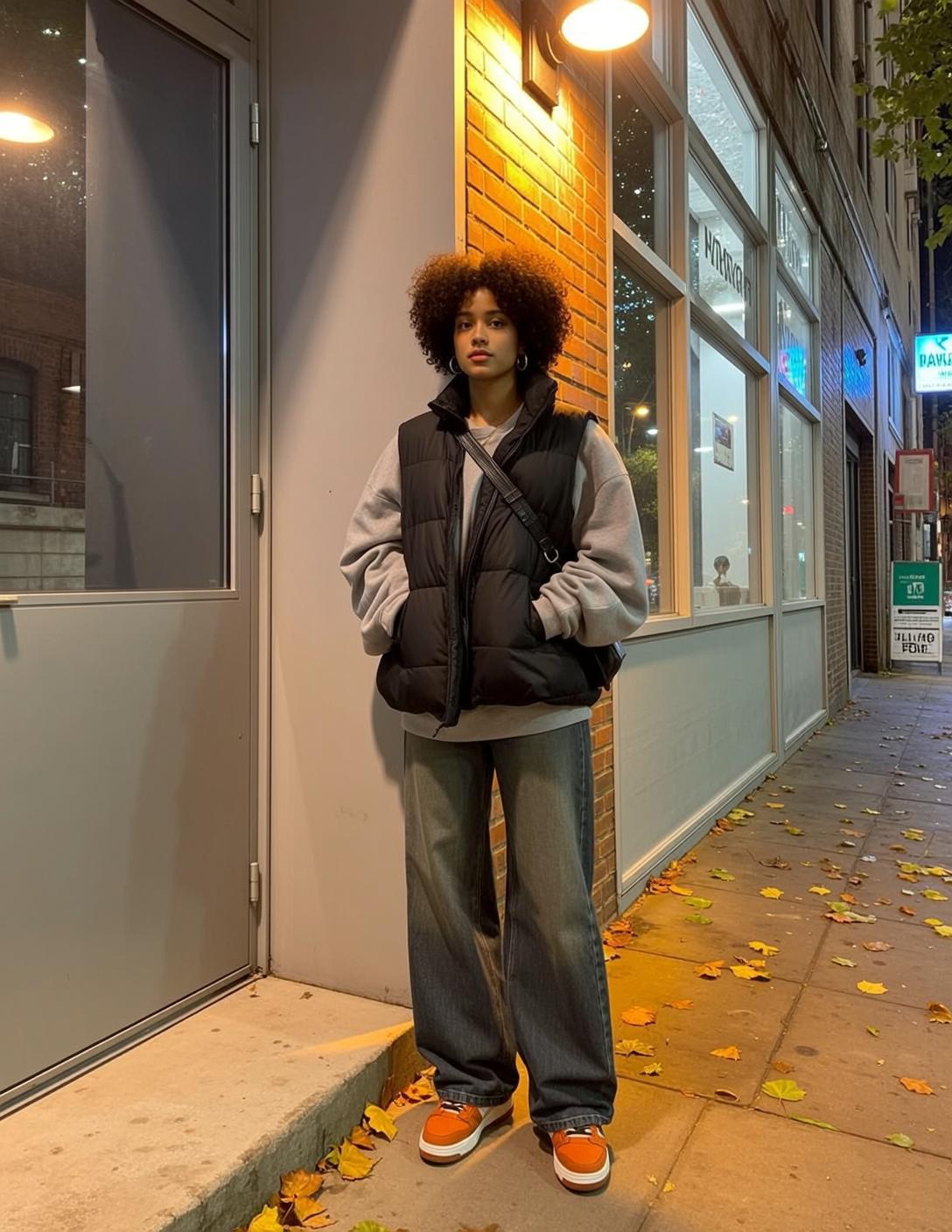 Grey Sweatshirt and Grey Wide Leg Jeans on Street