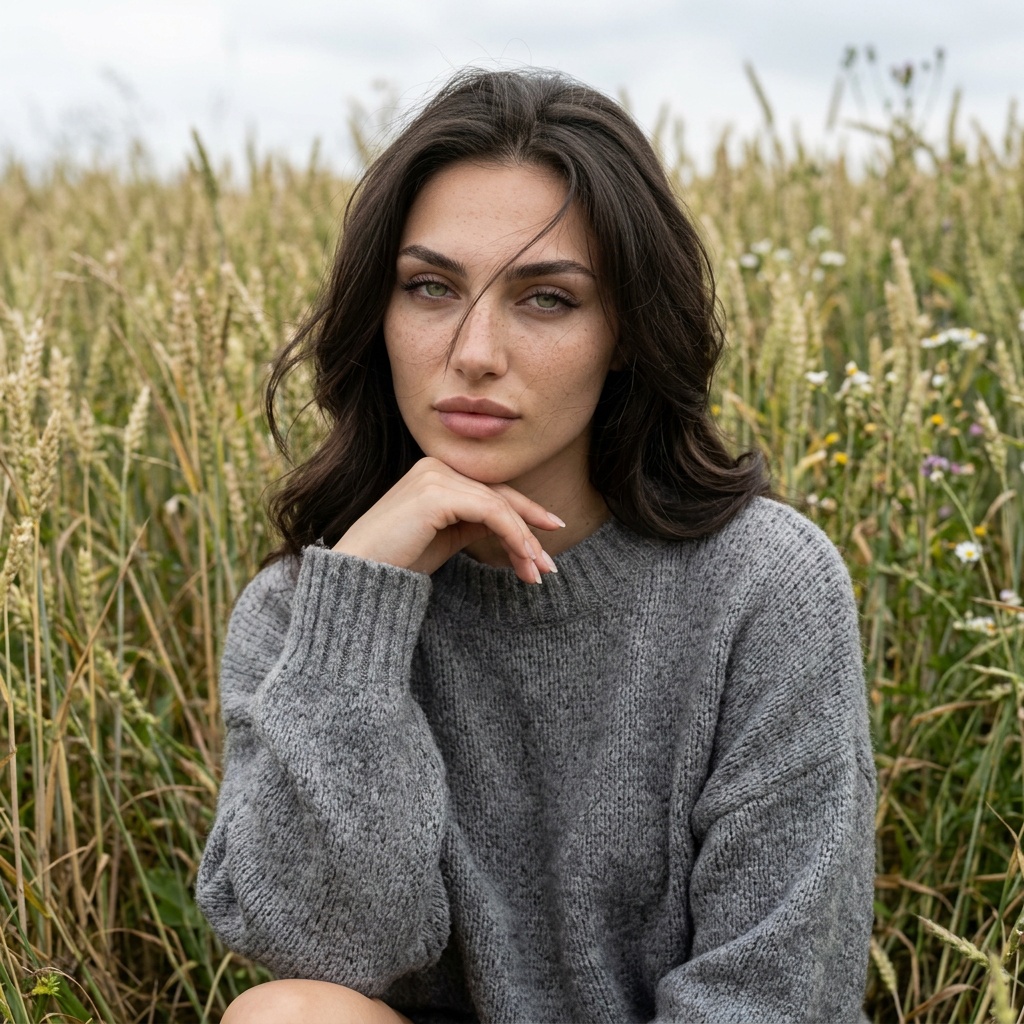 Girl Sitting In Tall Grass Calm Thoughtful Pose