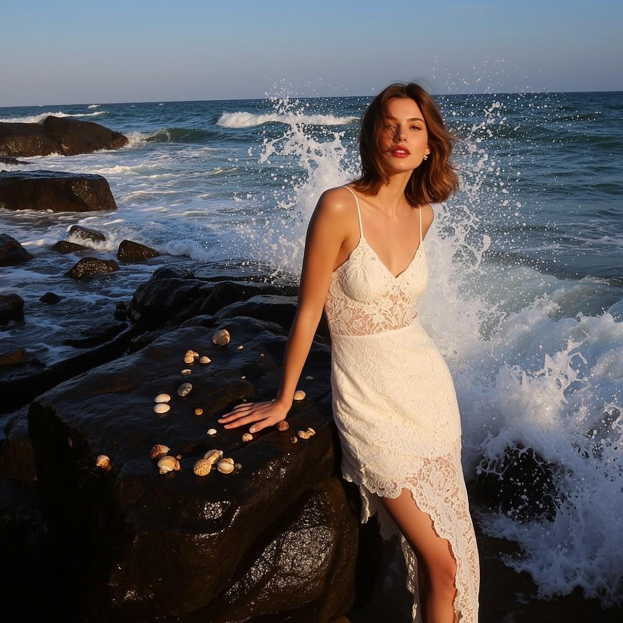 White Lace Beach Pose