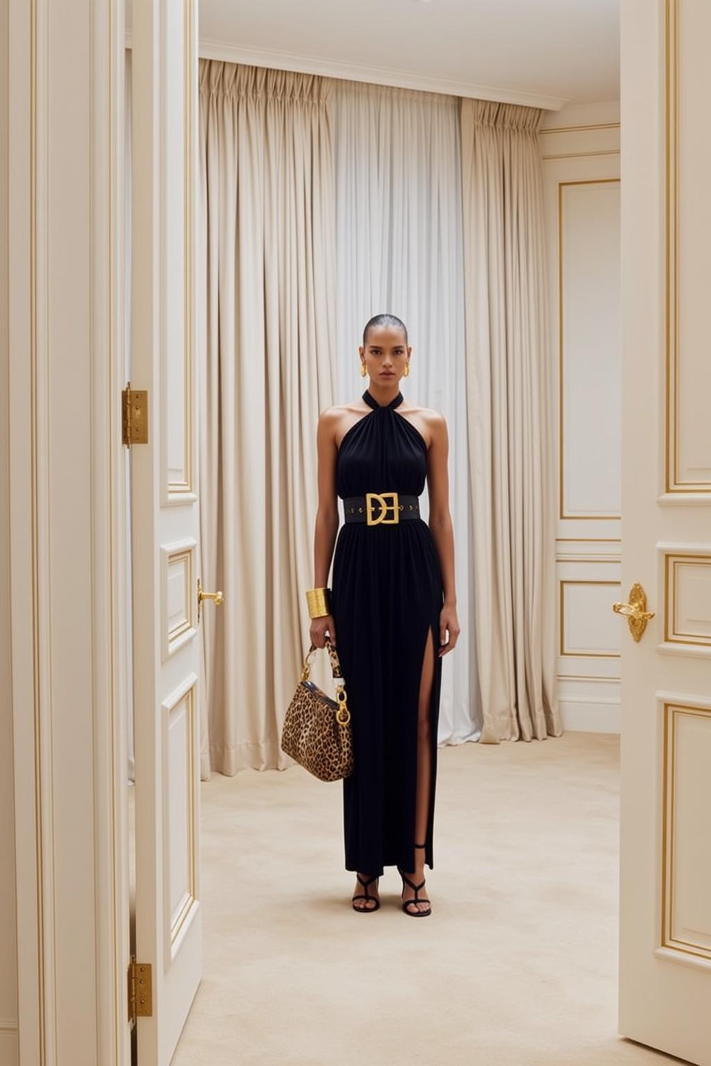 Black Halter Dress Gold Hoop Earrings Leopard Bag