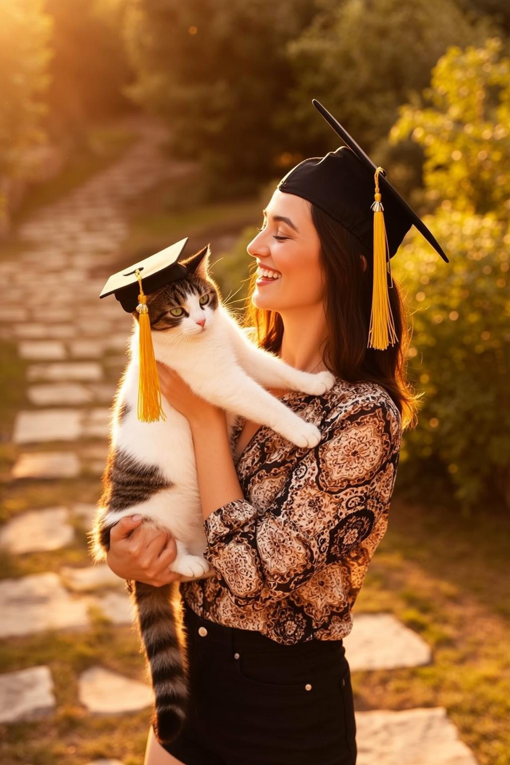 Explore Holding Cat Both Graduation Caps Yellow