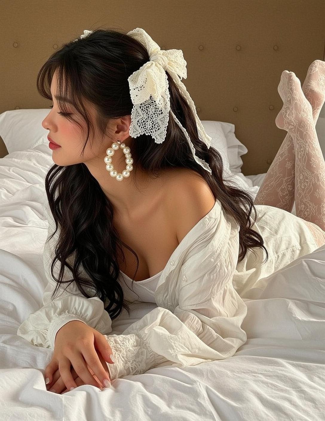 Balletcore Lying Her Stomach White Rumpled Bed