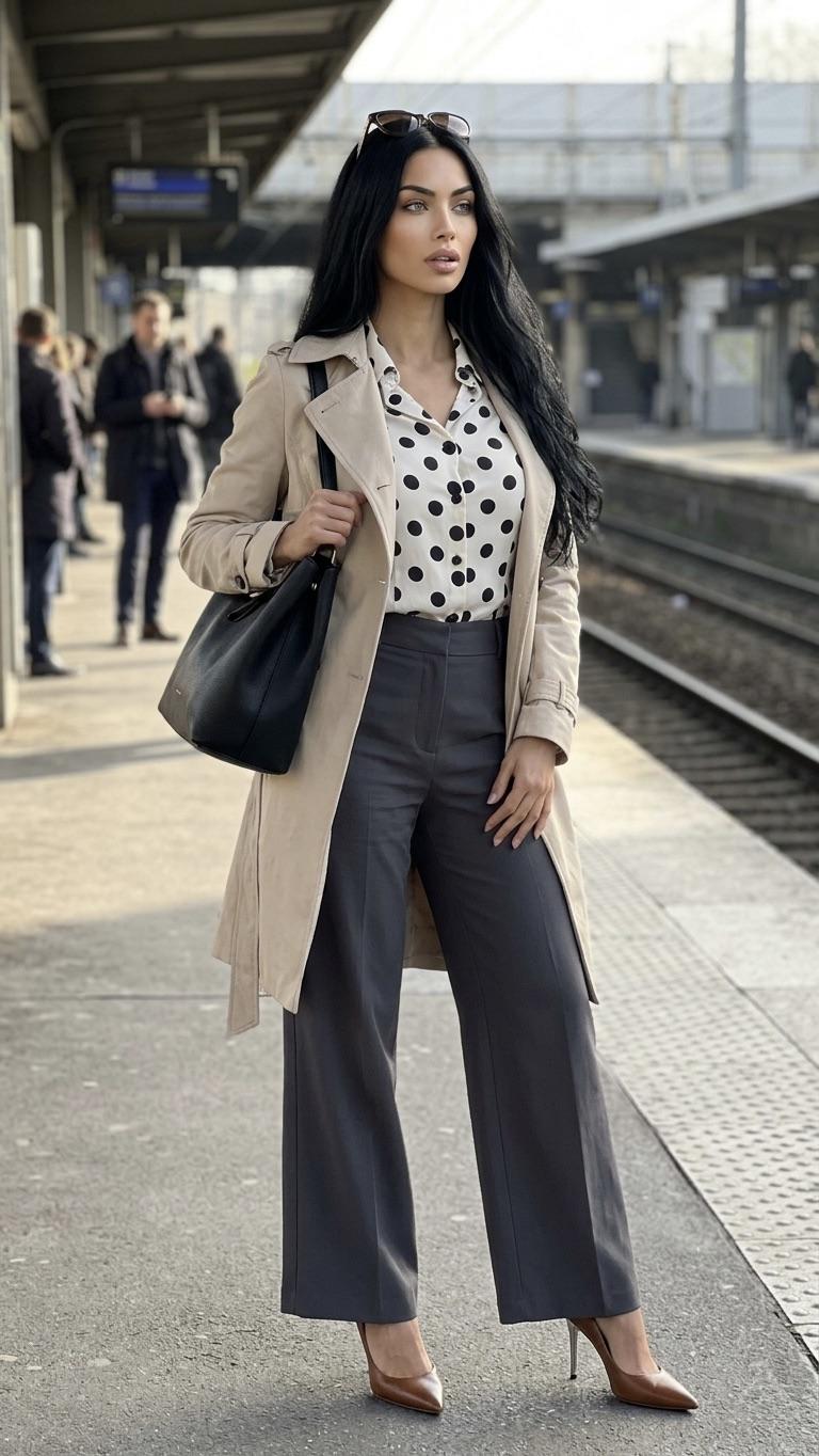 Commuter Outfit On Train Station Platform Soft Daylight