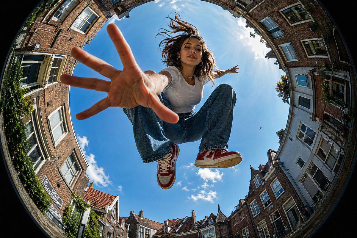 Jumping Fisheye Brick Buildings Blue Sky