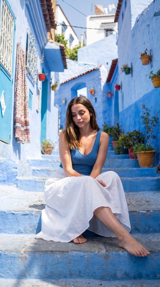 A woman seated on blue steps in a serene Mediterranean alley, wearing a blue top and white skirt, surrounded by vibrant architecture.