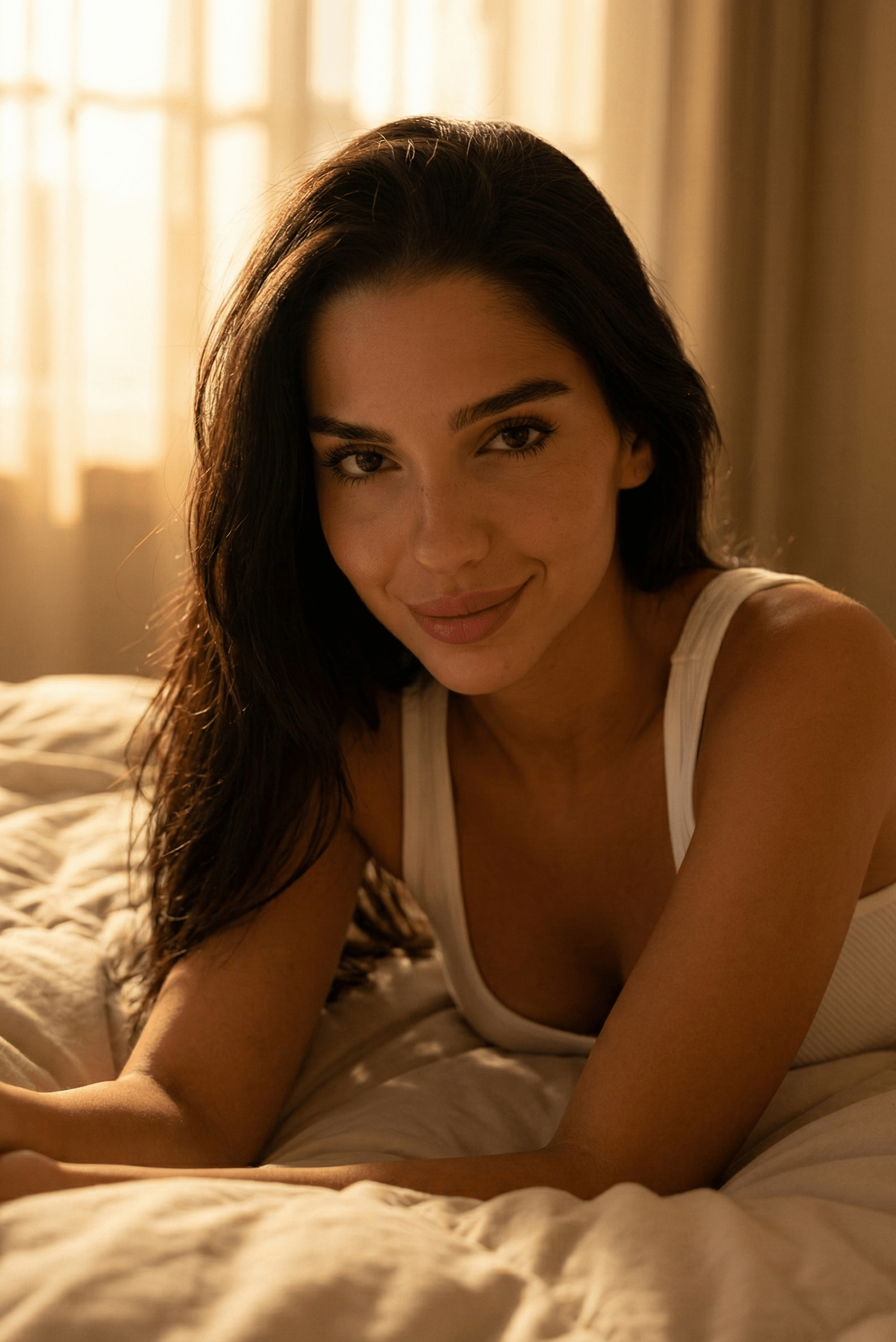 Golden Hour Sunlight On Rumpled White Bed