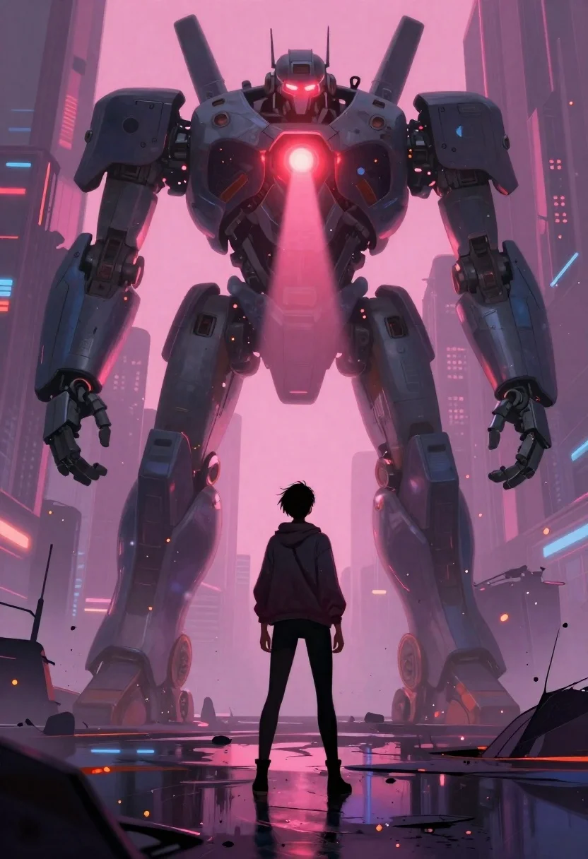 Digital Painting Solitary Figure Standing The Foreground Facing Colossal Bipedal reference photo