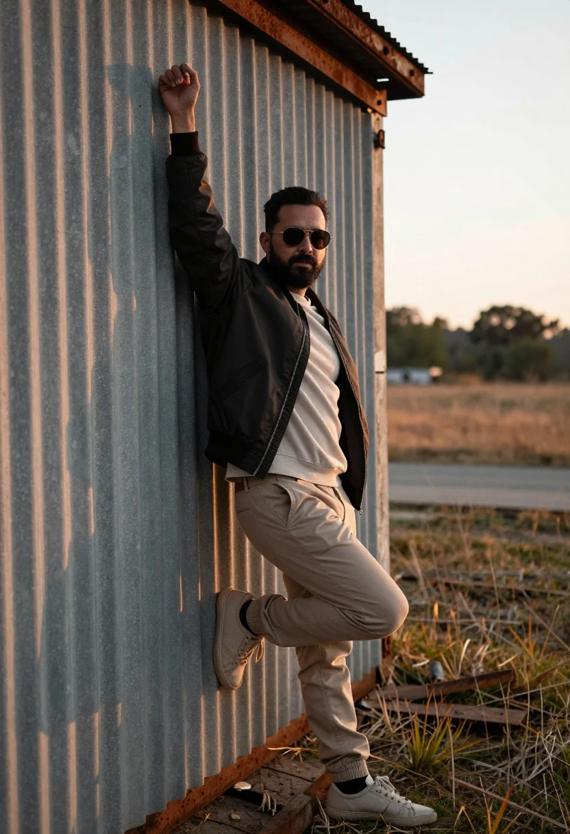 A man leans casually against a weathered corrugated metal wall, illuminated by soft golden hour light.