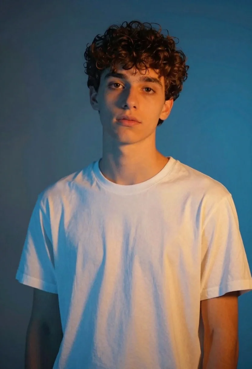 A photorealistic portrait of a young man with curly brown hair and a neutral expression, illuminated by warm orange and cool blue lights.