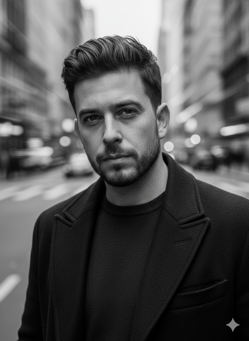 A striking black and white portrait of a man with a serious gaze, wearing a dark overcoat, against a blurred urban background.