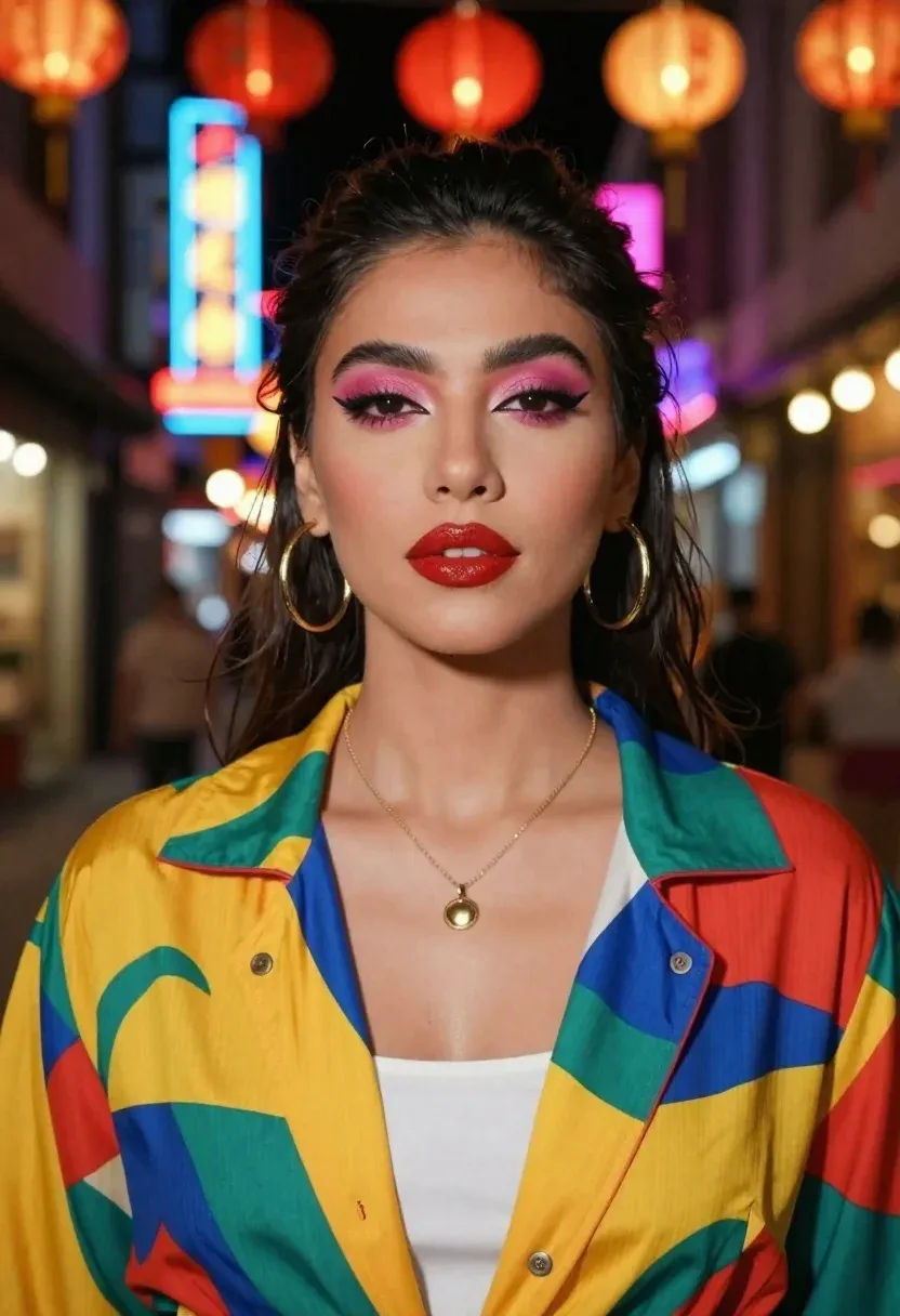 Portrait Woman Standing Vibrant Night Street Scene Filled With Glowing