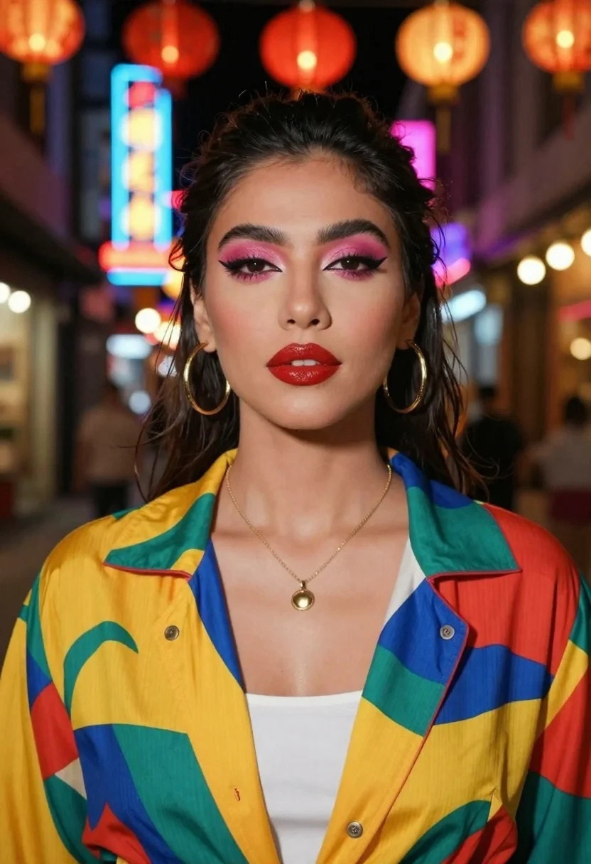 Portrait Woman Standing Vibrant Night Street Scene Filled With Glowing reference photo