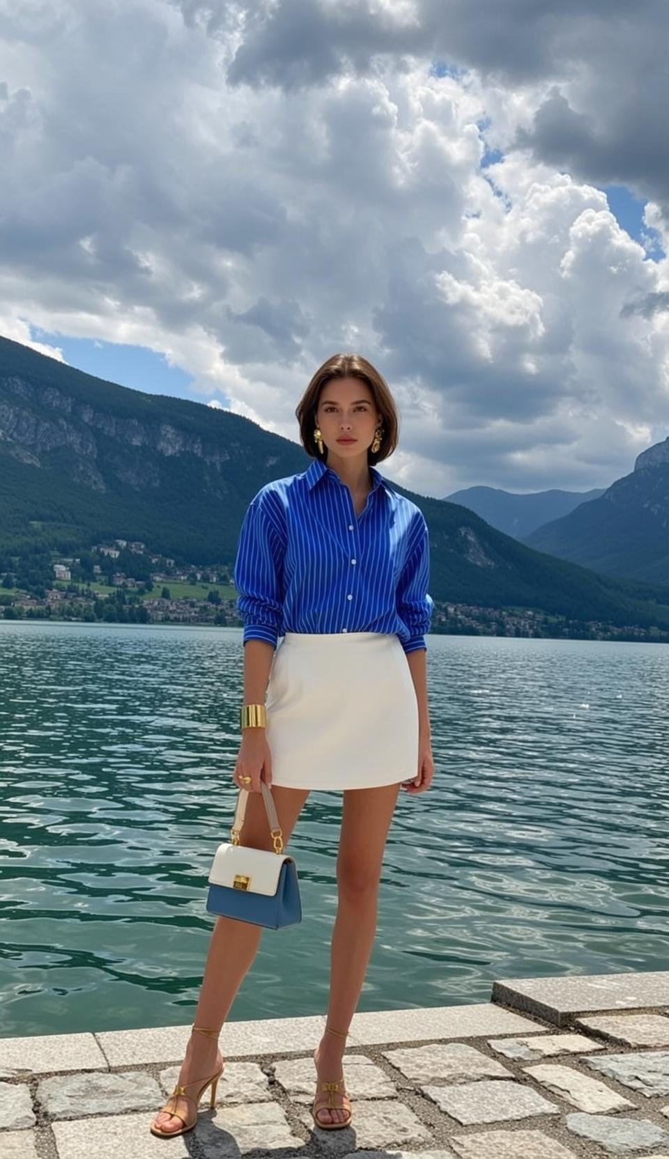 Lake Mountains Striped Shirt Mini Skirt