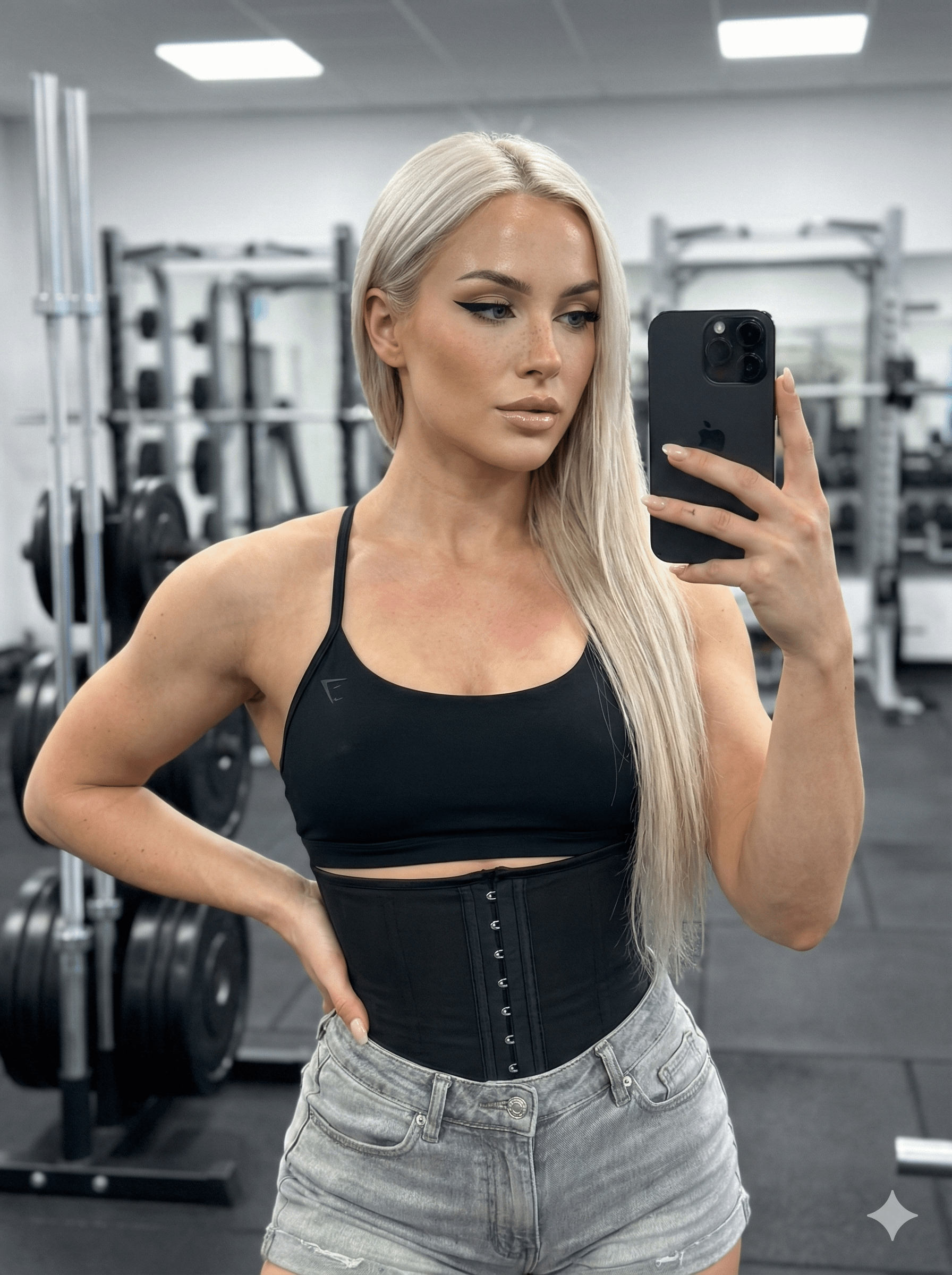 Gym Selfie Platinum Hair Blue Denim Shorts