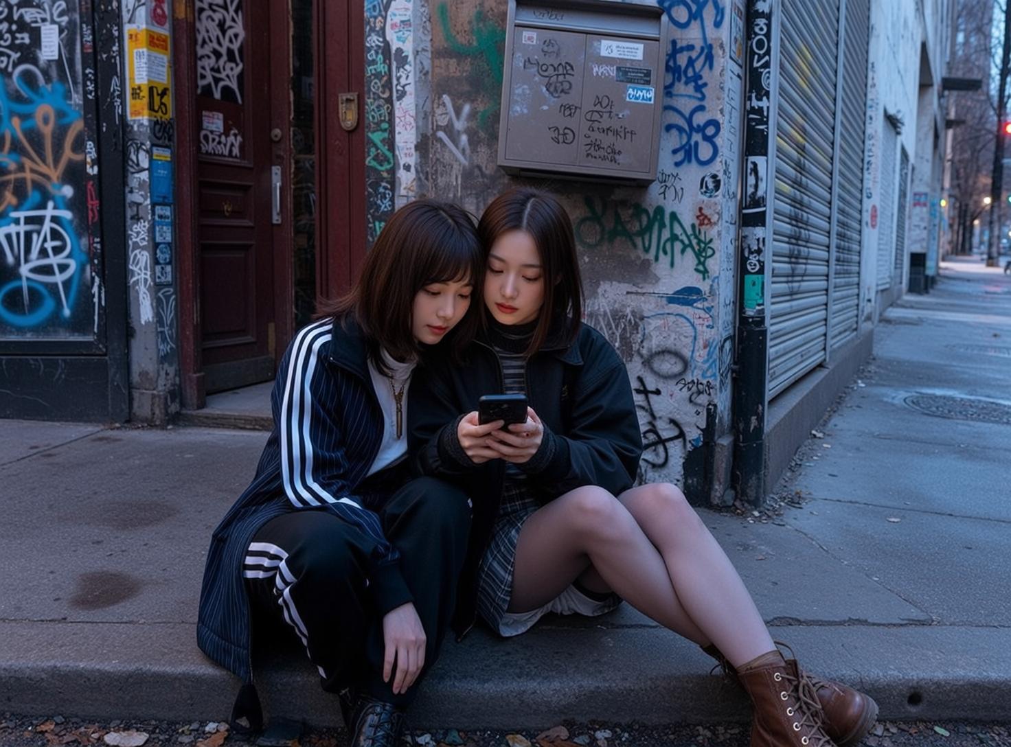 Casual Two Young Asian Women Short Dark