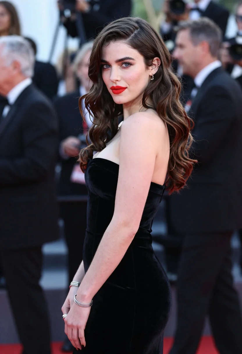 Woman With Long Dark Wavy Hair Stands Three-quarter Pose Looking reference photo
