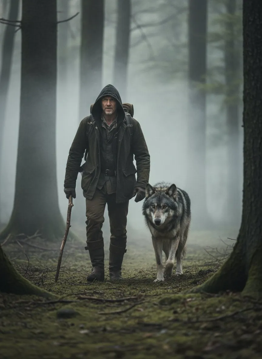 Misty Encounters: A Man and His Wolf in the Enchanted Woods