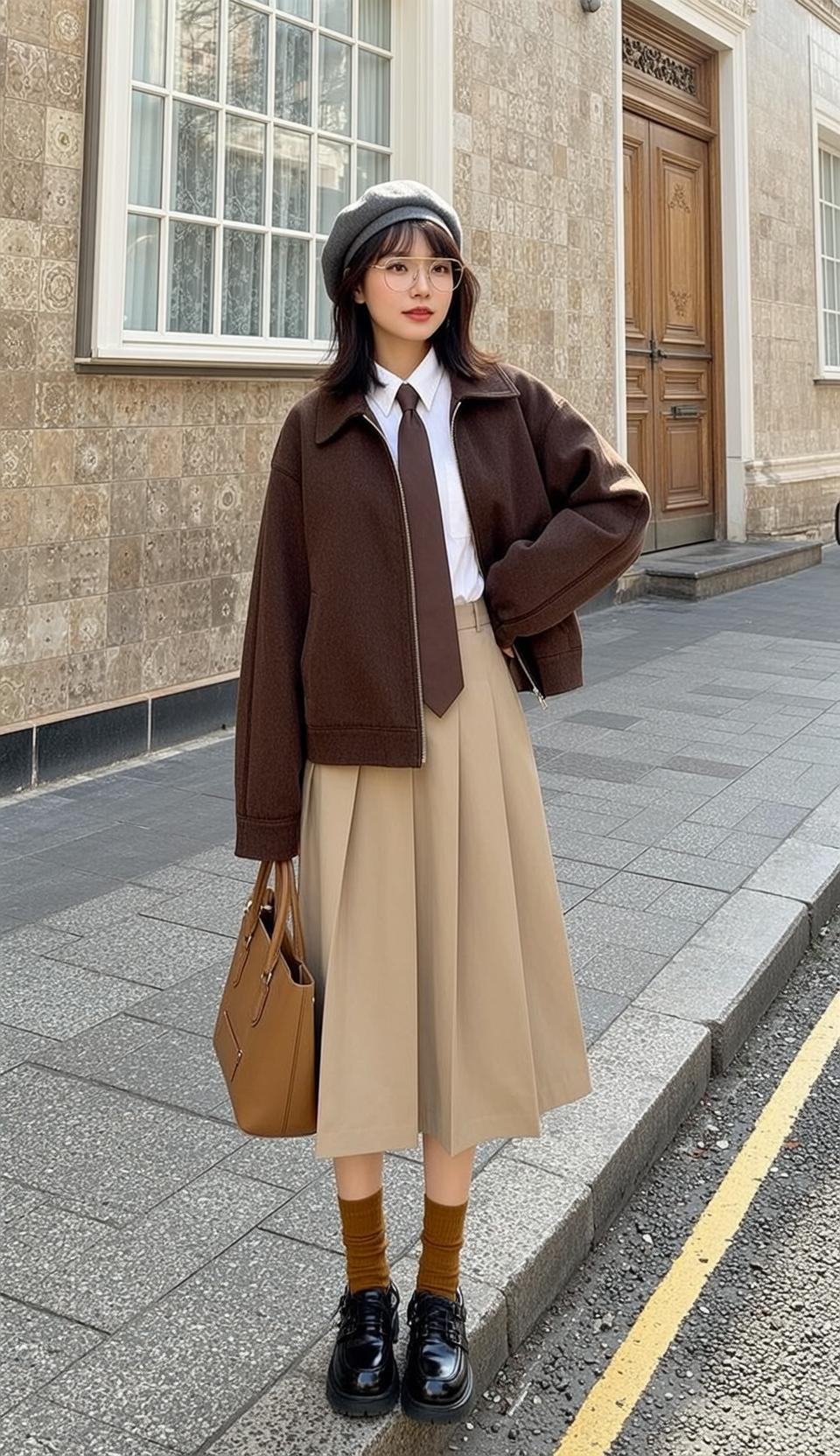 White Button Down Shirt and Tan Midi Skirt on Urban