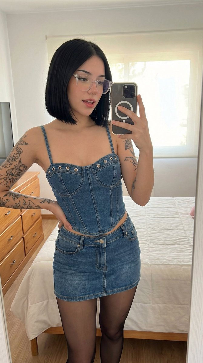 Curvy woman in denim corset and mini skirt posing in front of a large bathroom mirror, soft lighting.