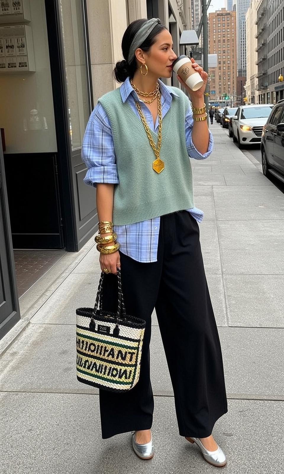 Woven Tote Bag Light Blue Plaid