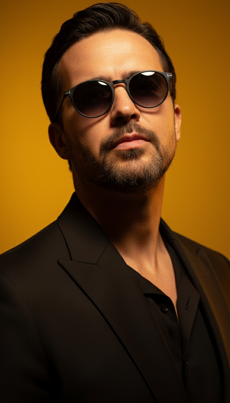 Close-up portrait of a confident man in a black blazer, sunglasses reflecting a rich golden background, exuding magnetic charm and style.