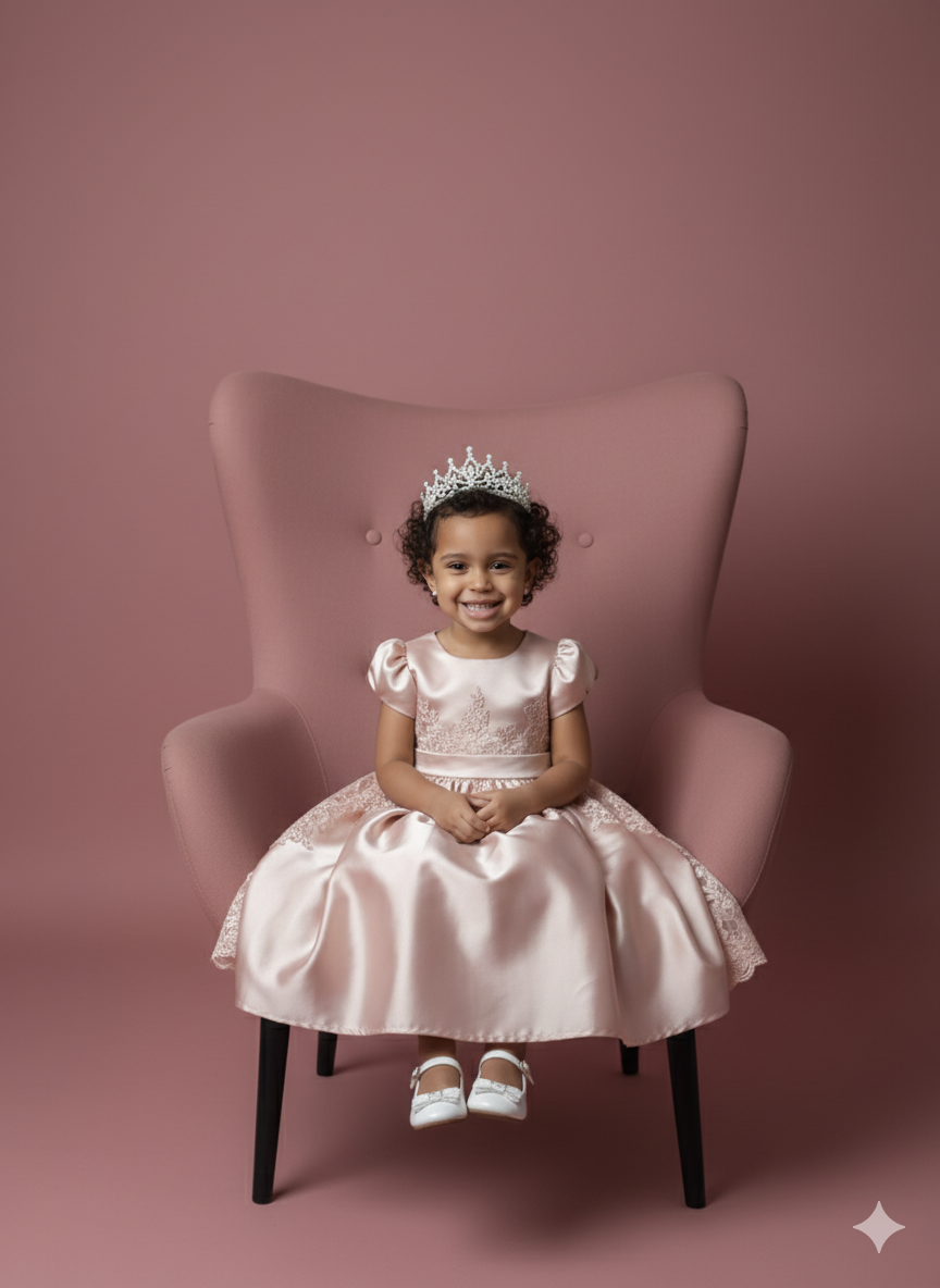 A two-year-old girl in a refined high-back chair wearing a white bridal dress and crown in a minimalist pink studio.