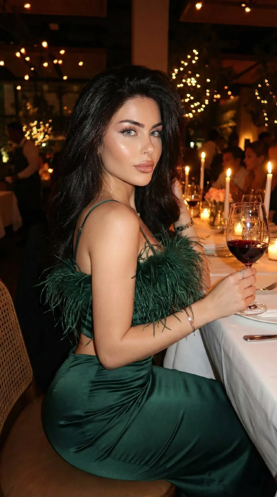 Girl Dark Green Silk Feathers Restaurant 916