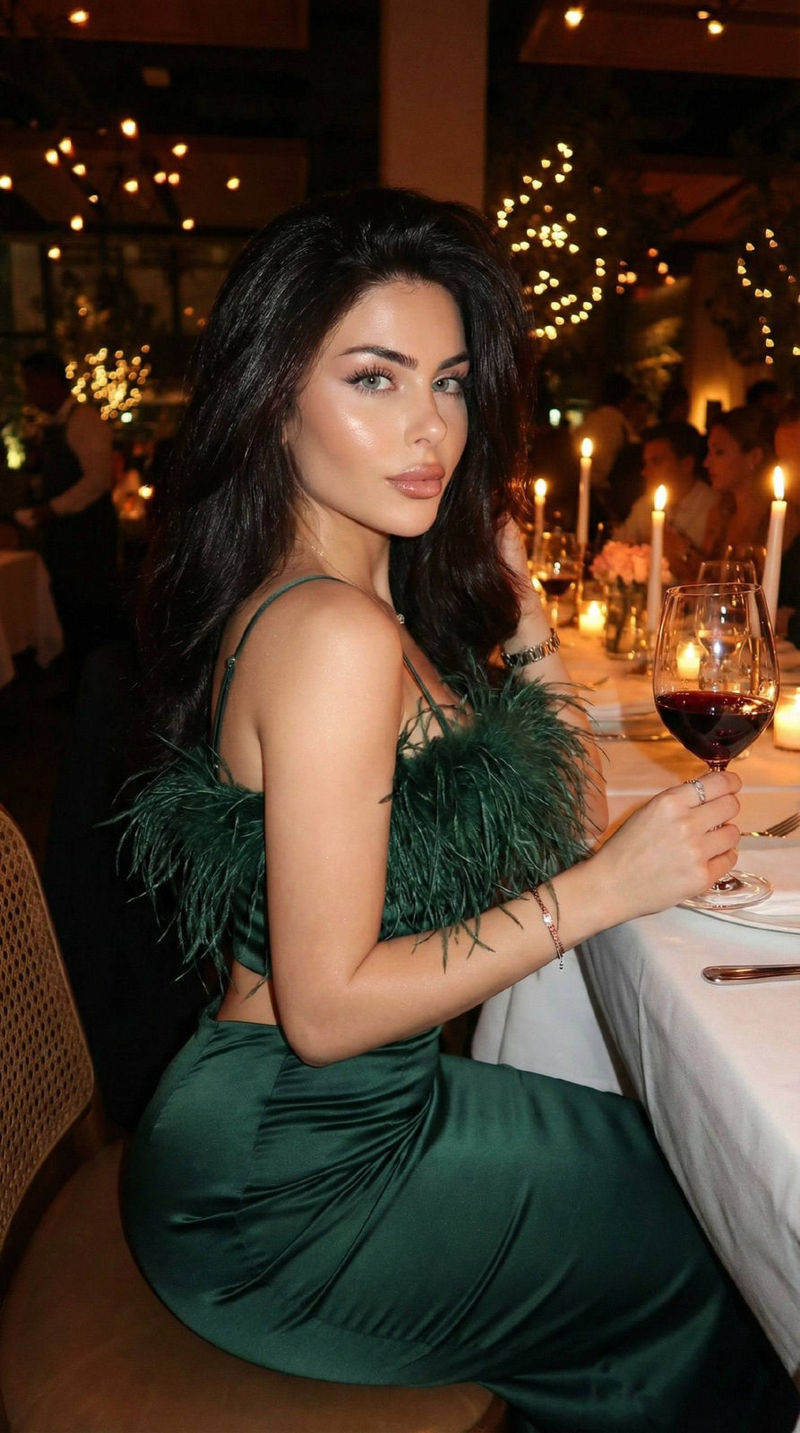 A beautiful girl in a dark green silk outfit with feathers, sitting at a candlelit table in a romantic restaurant.