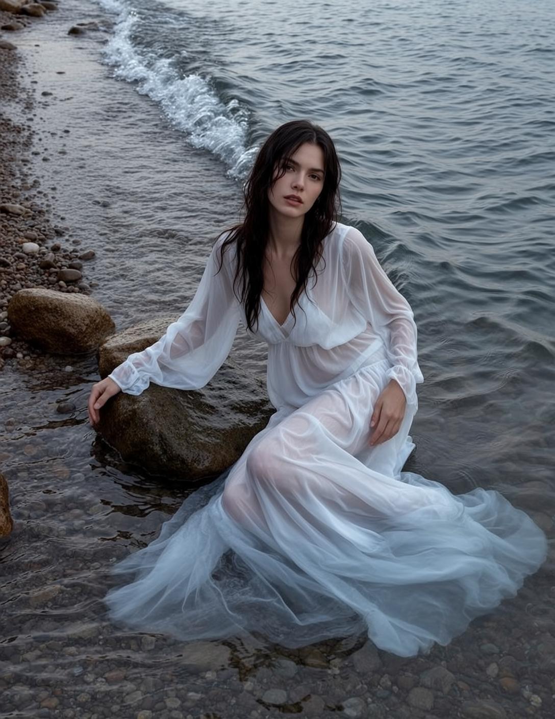 Sheer White Dress Rocky Shore