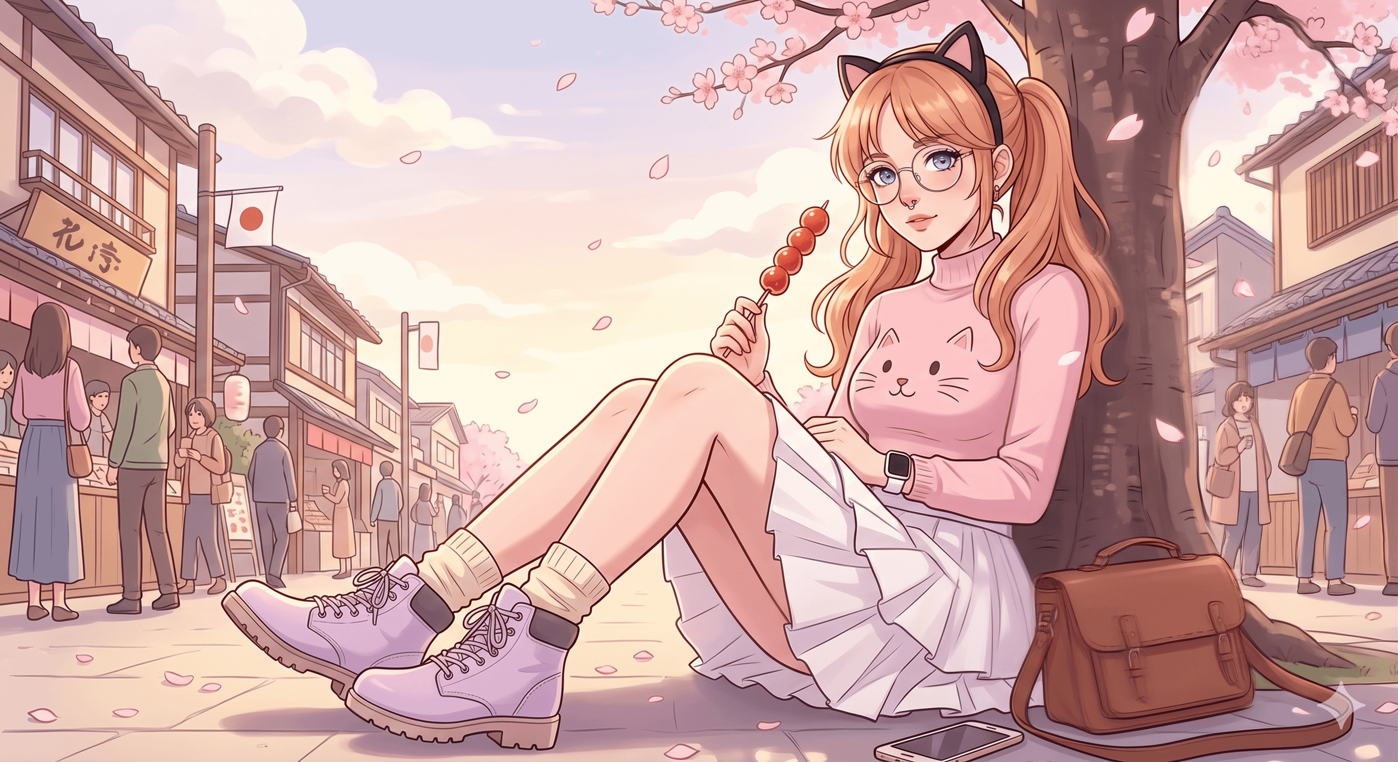Shoujo Anime Woman Sitting By Cherry Blossom Tree