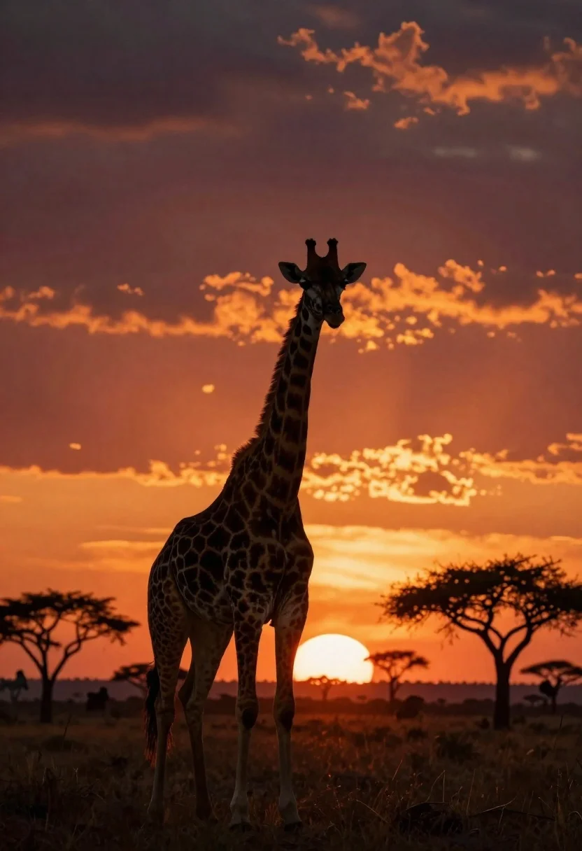 Silhouette Tall Giraffe Standing African Savanna Sunset Subject Majestic Adult reference photo